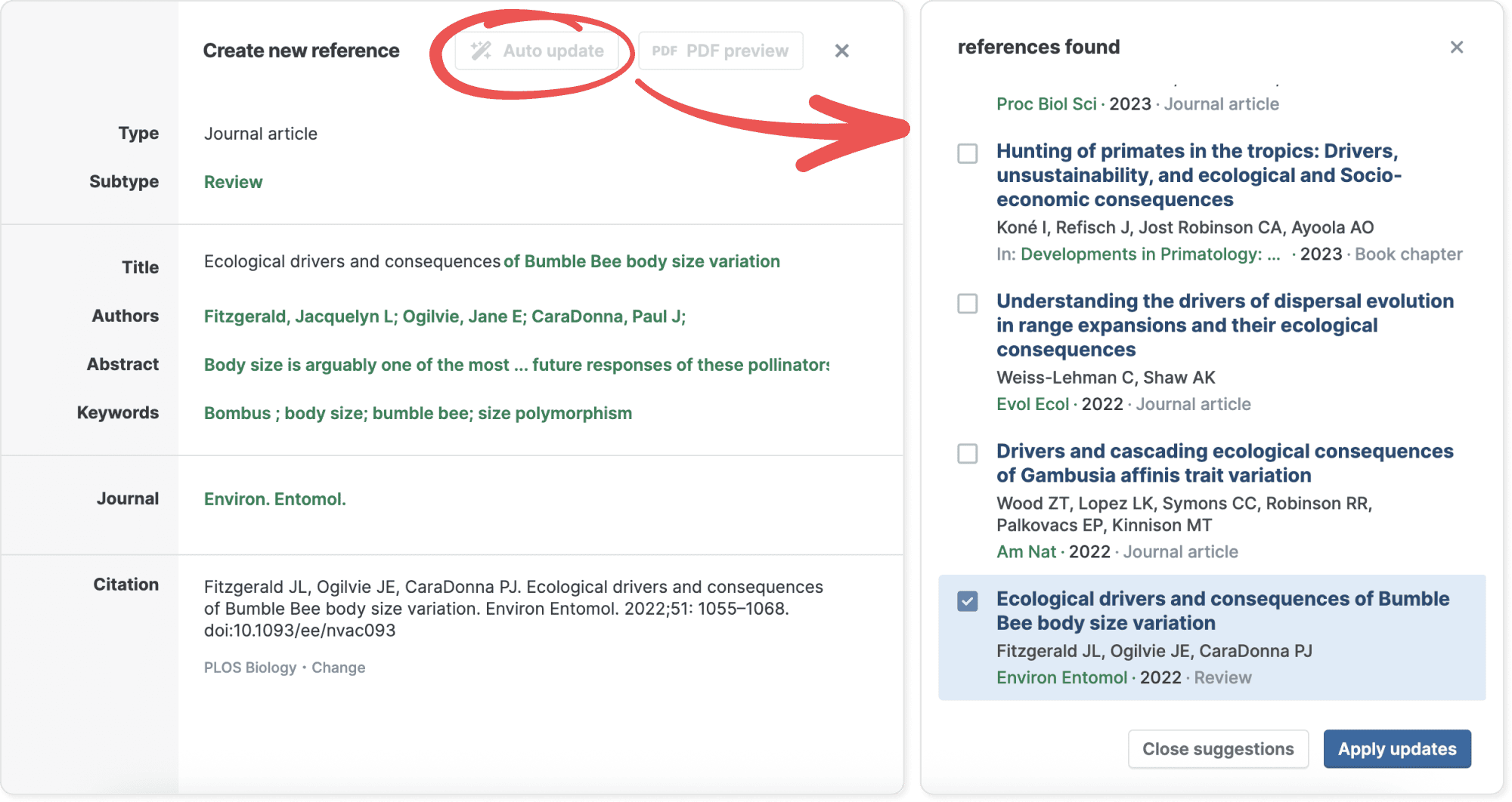 The “Create new reference” dialog with fields filled in and a red arrow from the circled “Auto update” button to a “references found” panel listing four database matches, one ticked, with “Close suggestions” and “Apply updates”.